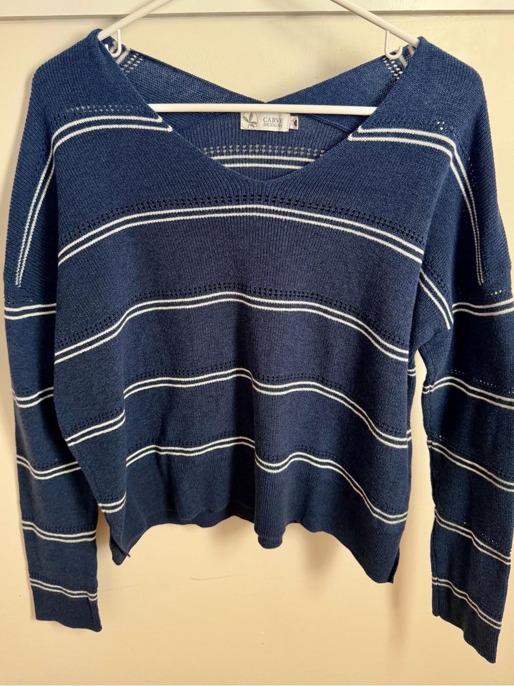 Carve Design Casual Striped V-Neck Sweater - Navy & White